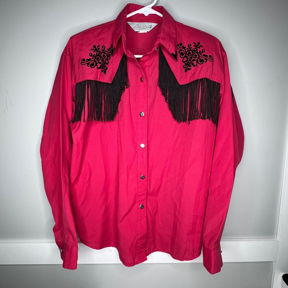 Vintage Lilia Smitty Western Cowgirl Rodeo Shirt Pink Black Fringe Womens Medium